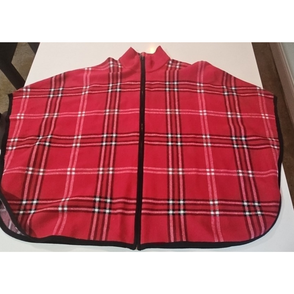 NICOLE MILLER Soft Plaid Poncho Women Large Red Plaid Cape Full Zip